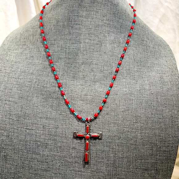 This is a fabulous heavy-gauged Navajo turquoise & coral necklace signed.